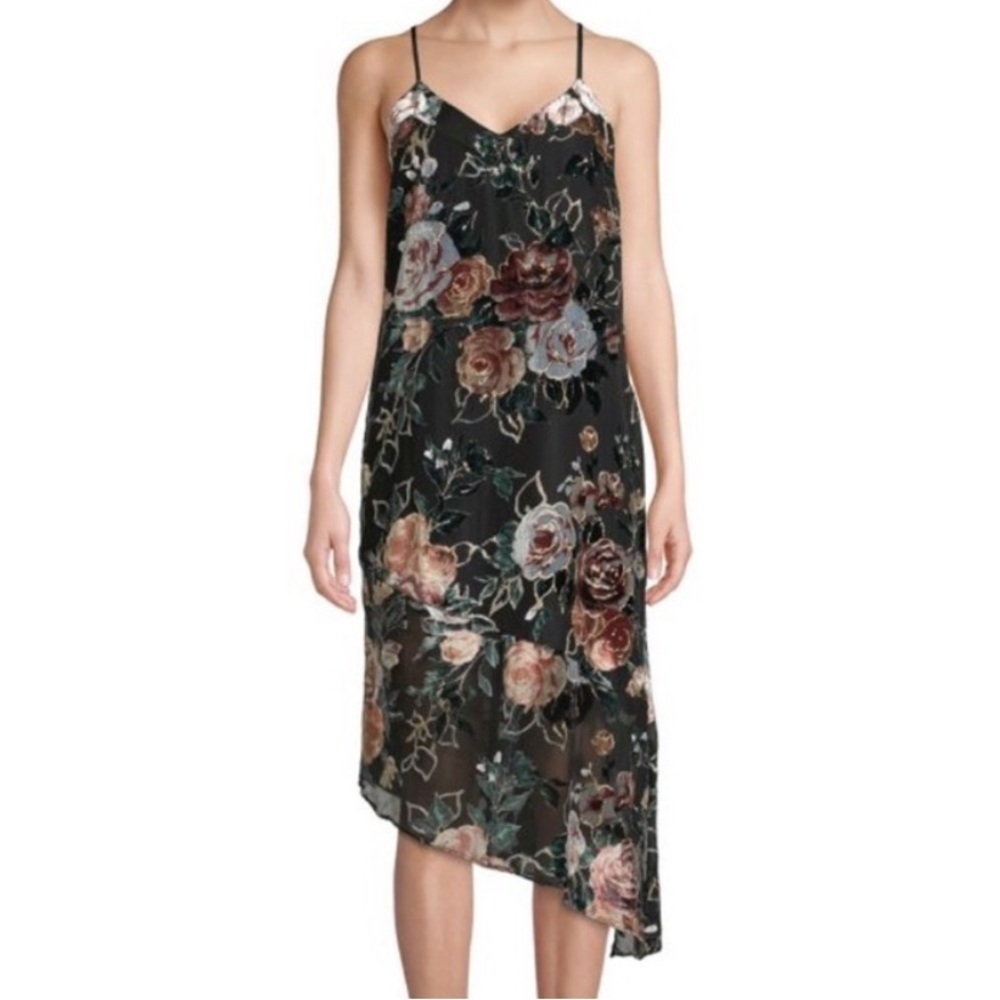 Nanette Lepore Asymmetrical Moody Floral Velvet Lined Slip Detail Dress Burnout